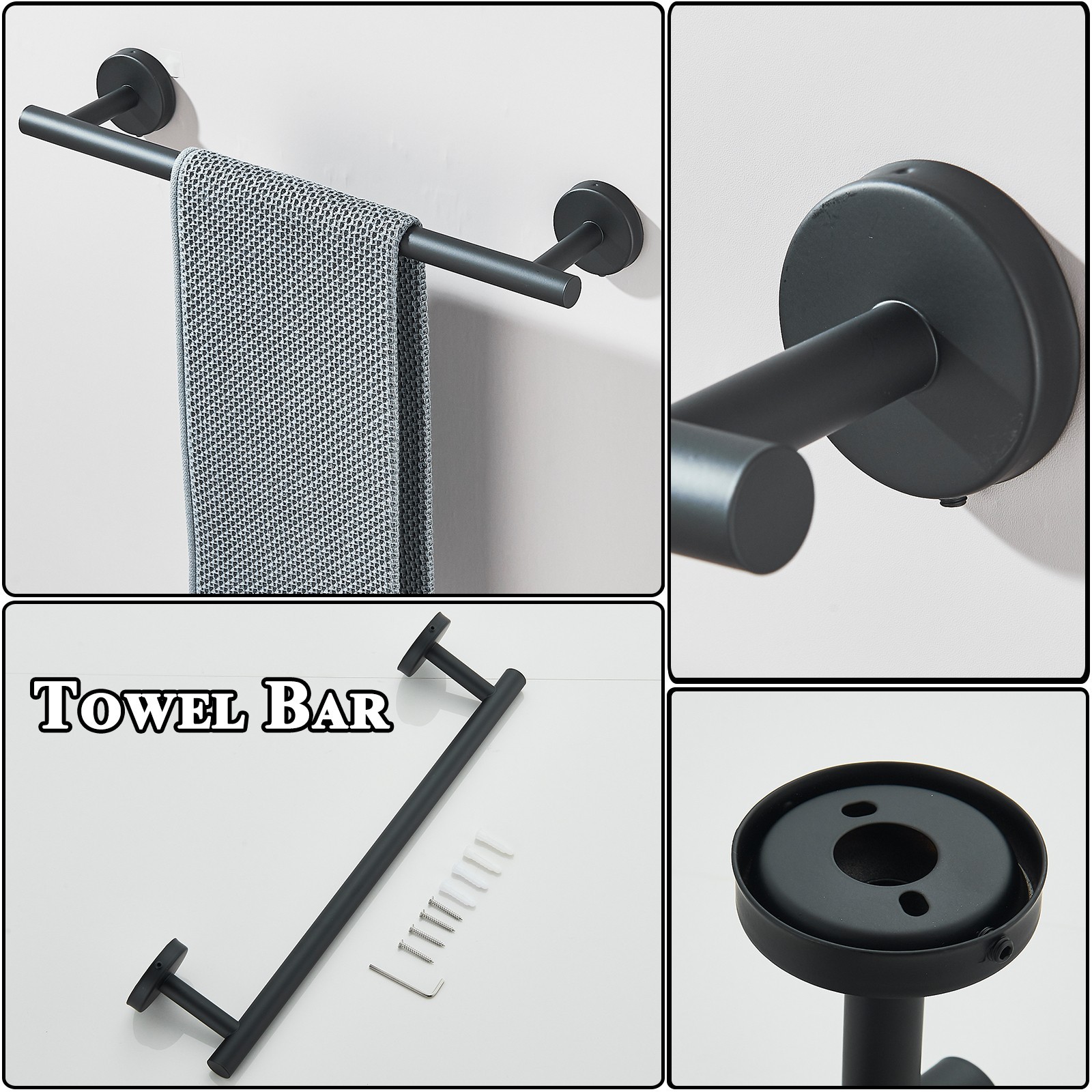 6 Pcs Black Bathroom Hardware Set Stainless Steel Towel Bar Towel Racks Hooks