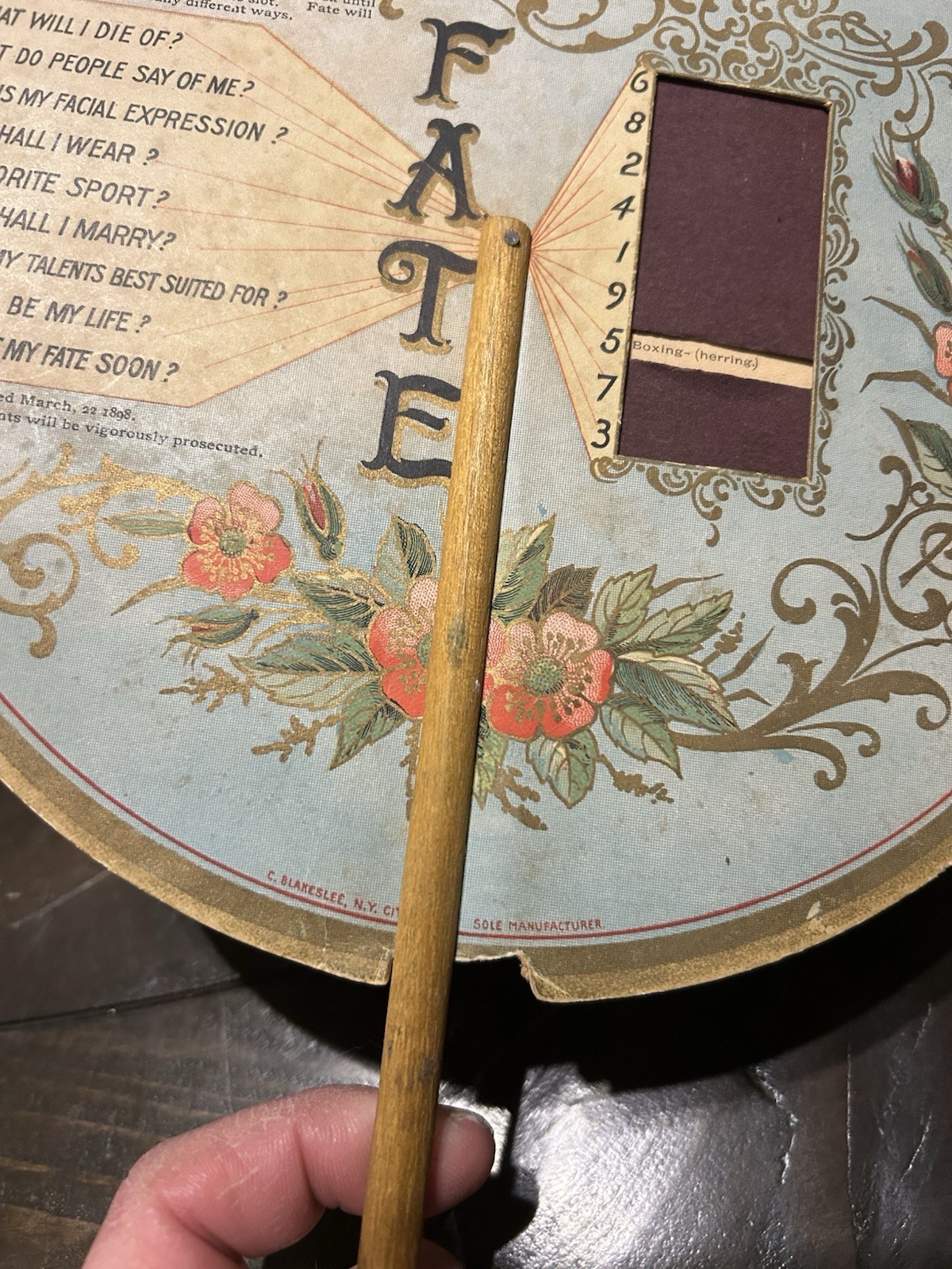 1898 Fate Fortune Teller Advertising Mechanical Hand Fan