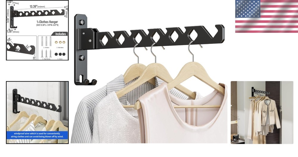 Foldable Wall-Mounted Clothes Drying Rack in Matte Black - Adjustable & Stylish