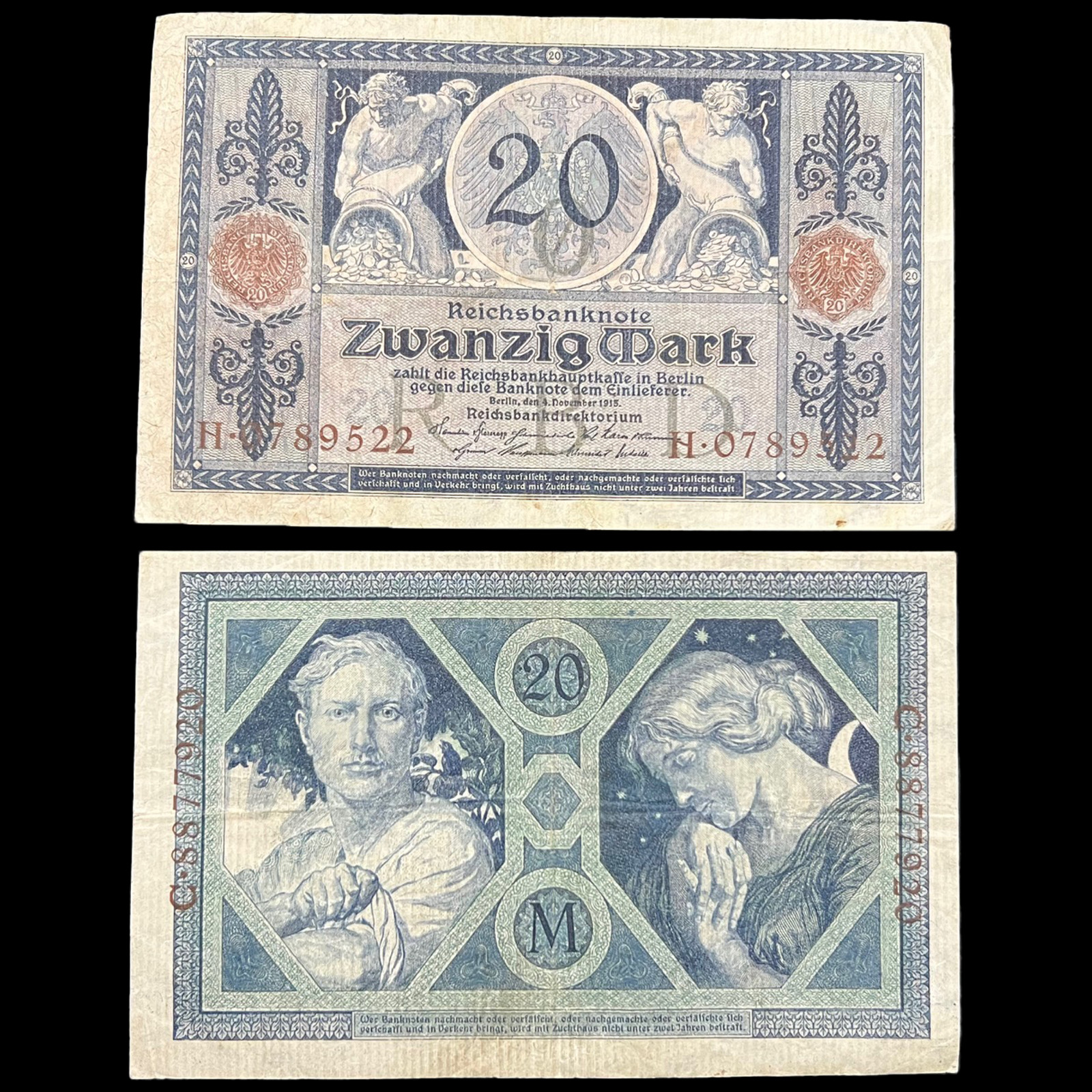 2x 1915 Germany 20 Mark Banknote Great War WW1 WWI Antique Artifact Art Relic