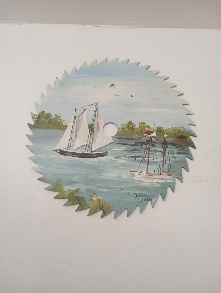 Hand Painted Saw Blade, 7", Boat Scene