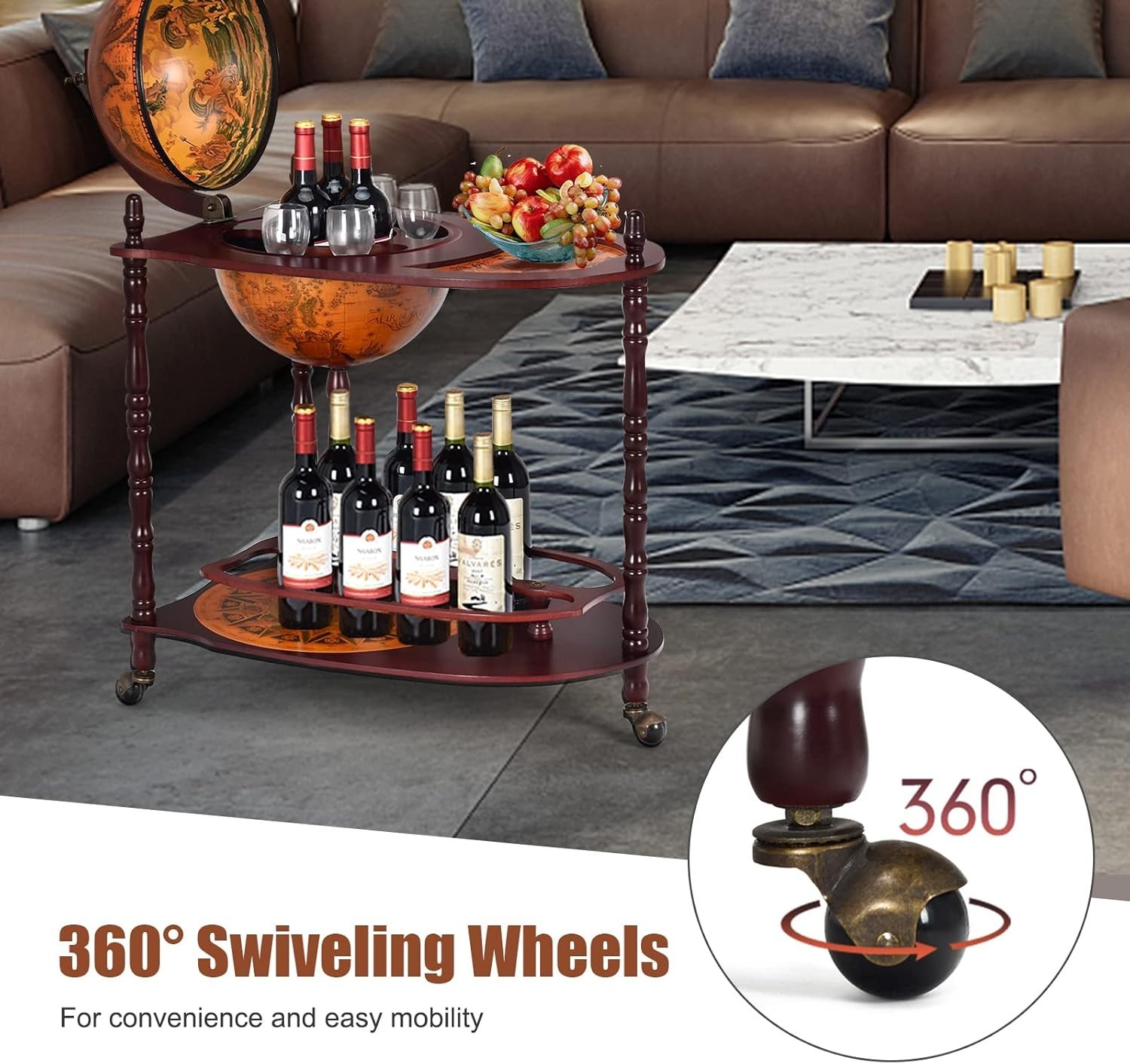 Globe Bar, 34.5” Globe Bar Liquor Cabinet with Wheels, Bottom Shelf, Old Worl...