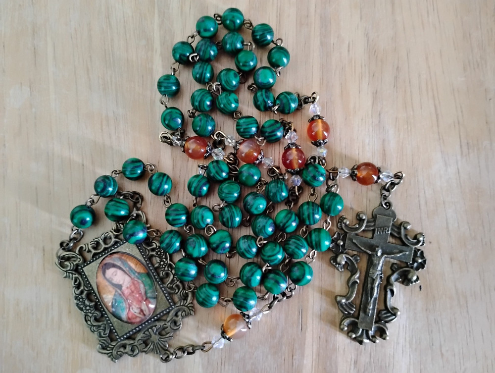 Malachite & Carnelian Gemstone Rosary 8mm Beads Bronze Our Lady Guadalupe Medal