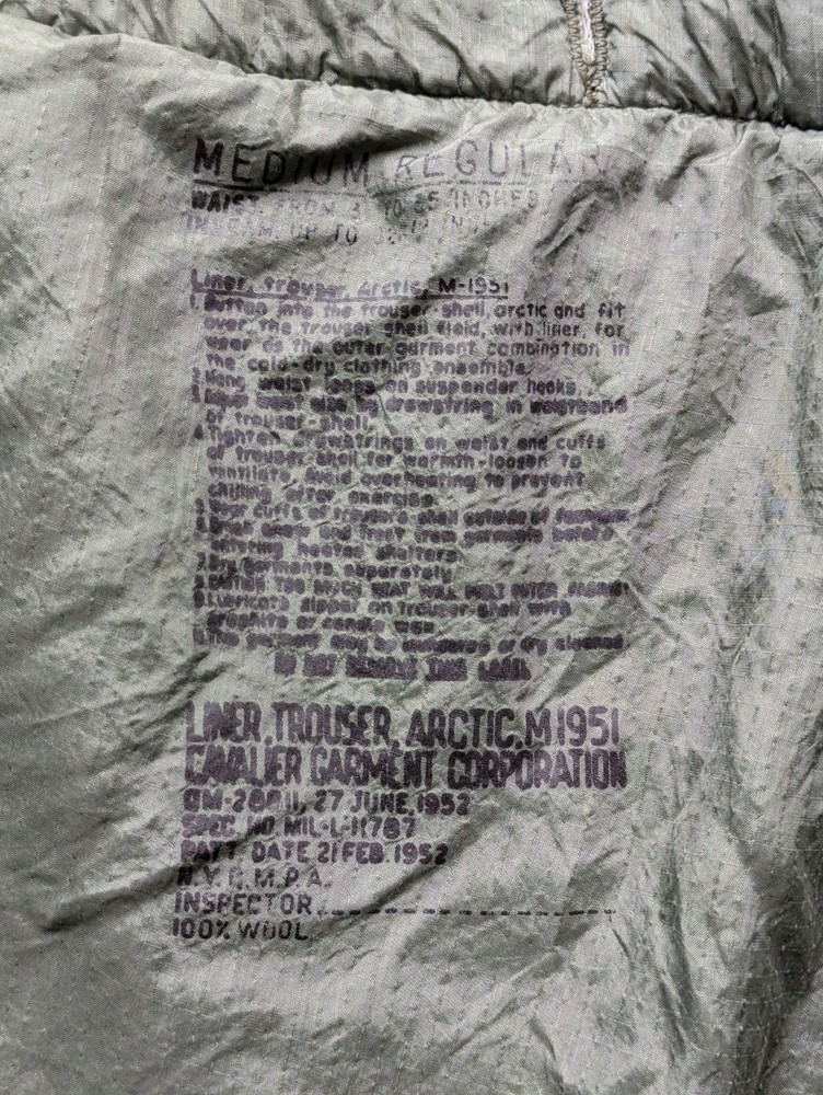 M-51 Arctic Trouser Liners, Medium Regular, 100% wool NOS