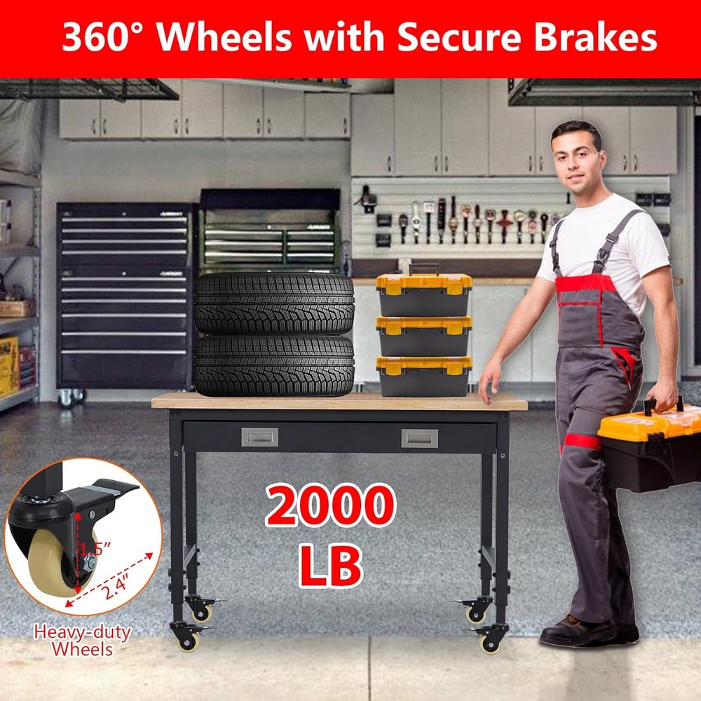 Adjustable Workbench 60''x22''with Power Outlets, Lights, Storage Drawer,Rolling