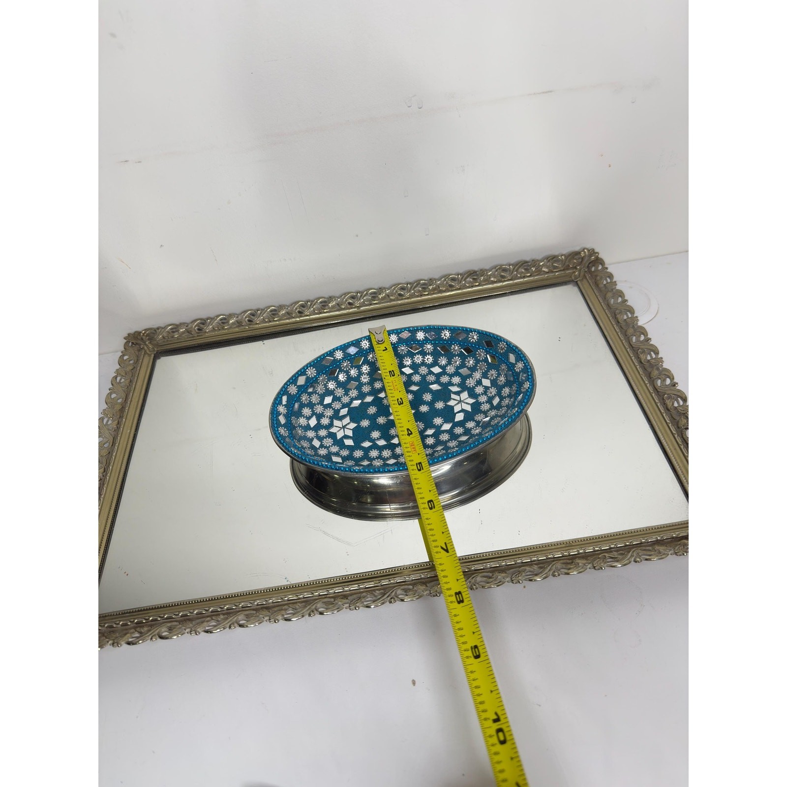 Vintage India Blue and Silver Mirroed Mosiac Tray for trinkets and jewelry
