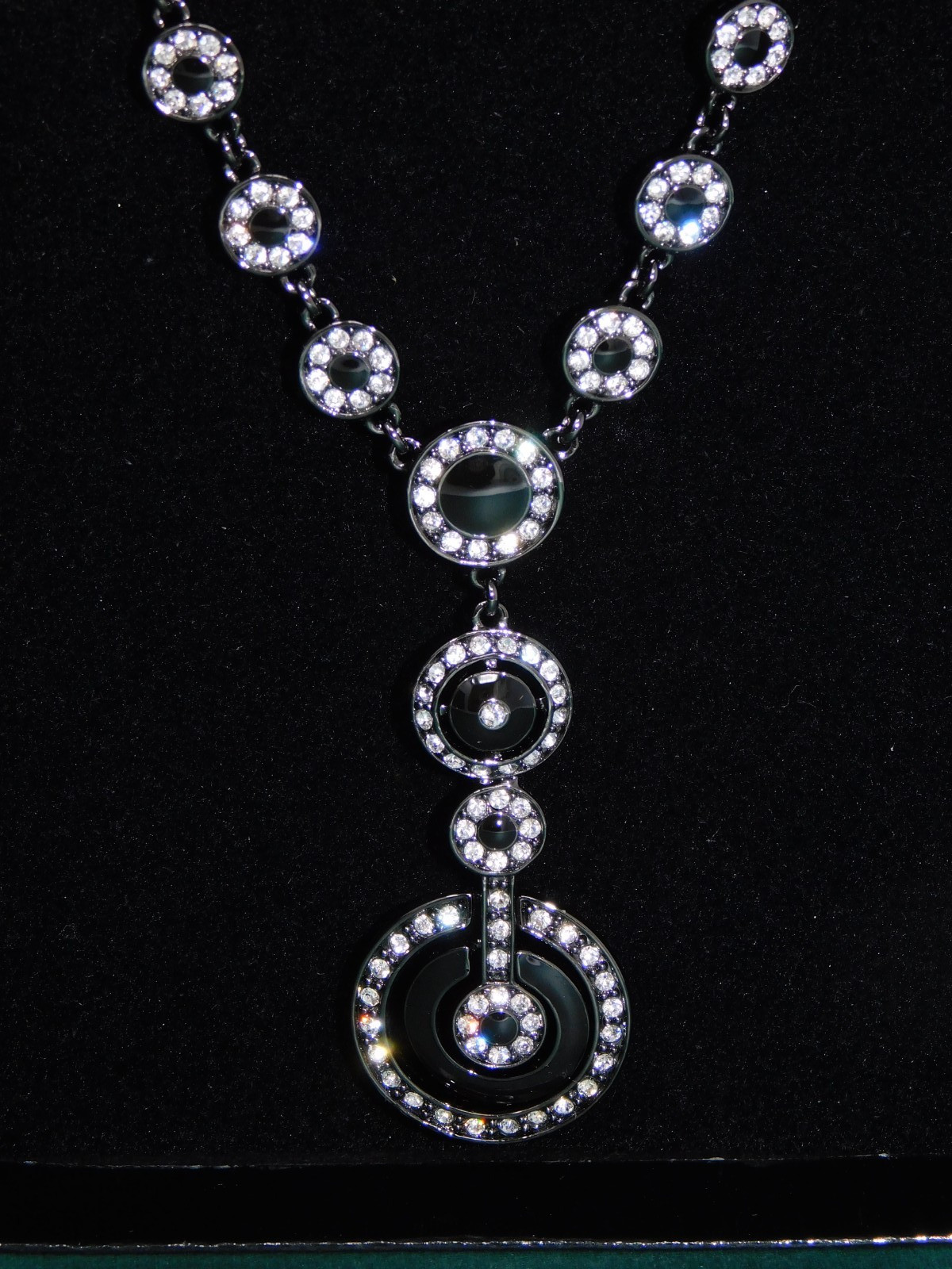 Vintage JOAN RIVERS Gunmetal & Clear Rhinestone Disc Y-Drop Necklace New in Box