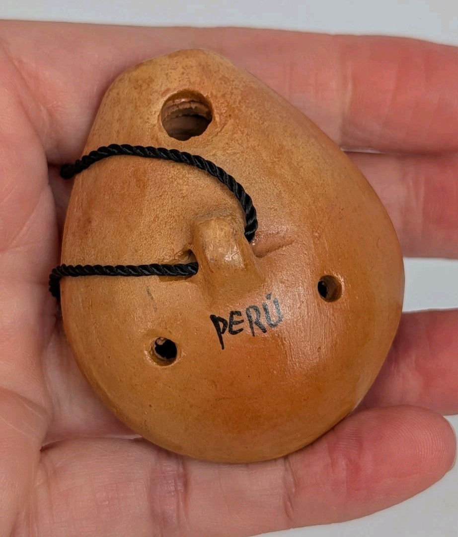 Vintage Handpainted Clay Peruvian Wind Flute / Whistle On Corded Necklace