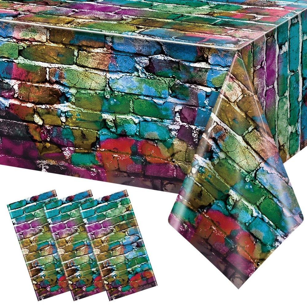 3 Pack Colorful Brick Tablecloth Rectangle, Graffiti Brick Wall Backdrop Phot...