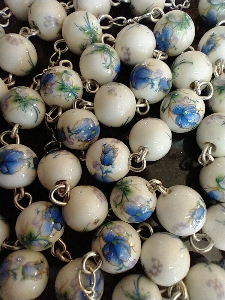 Catholic Ceramic White Blue Floral Rosary