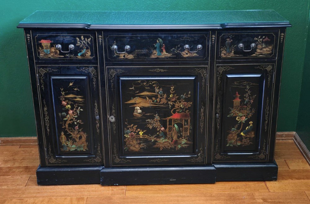 Japanese Black Lacquer Credenza Sideboard Desk Cabinet
