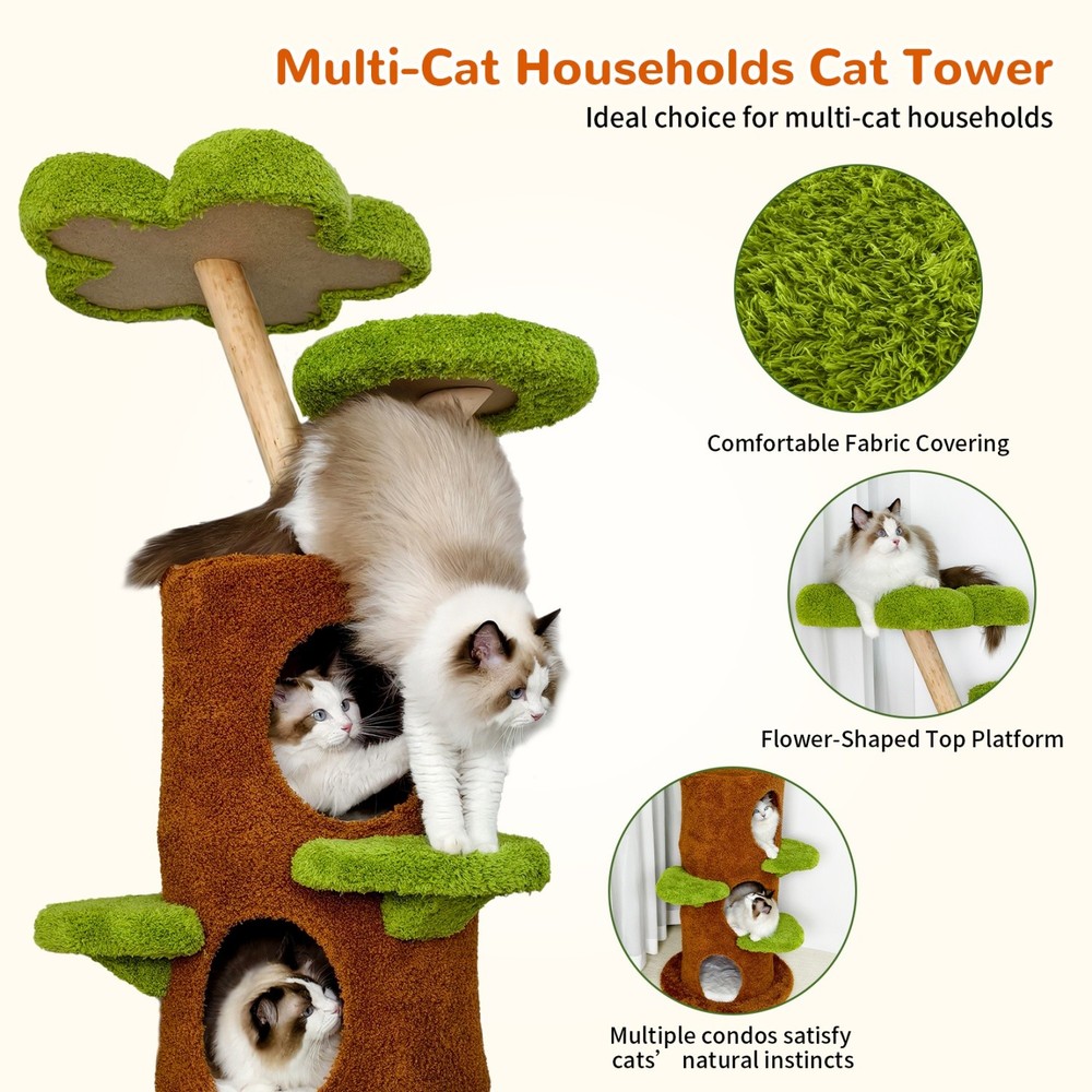Cat Tree Tower for Large Cats Solid Wood Scratching Post with Basket Condo Perch