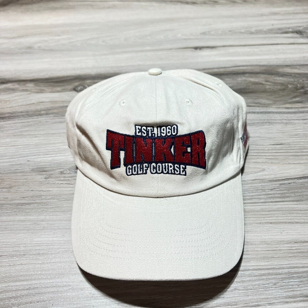 Vintage Tinker Golf Course Strap Back Hat Cap Beige Embroidered Golfing EUC