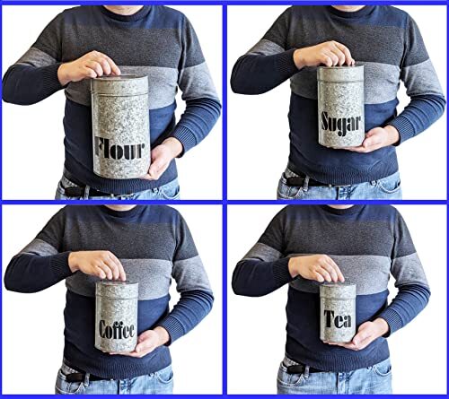 4 Set Galvanized Metal Kitchen Storage Canisters w\ Lids-Labeled w\ diff labels