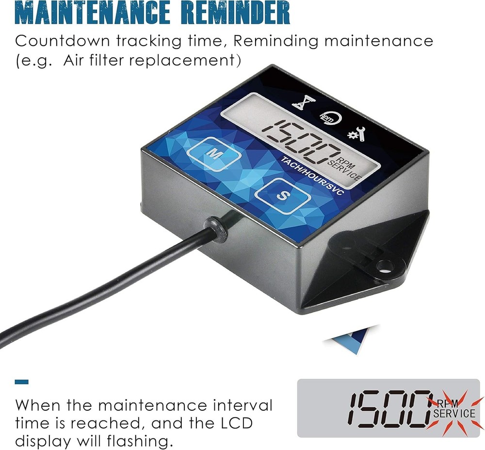 Digital Engine Hour Meter & Tachometer - Maintenance Reminder, Waterproof Design