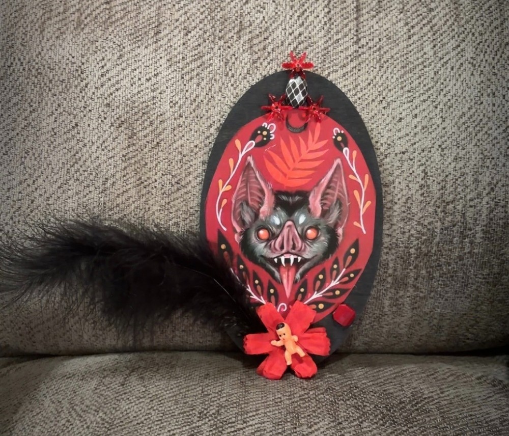 Gothic Vampire Bat Oddity Plaque Wall Decor Weird OOAK