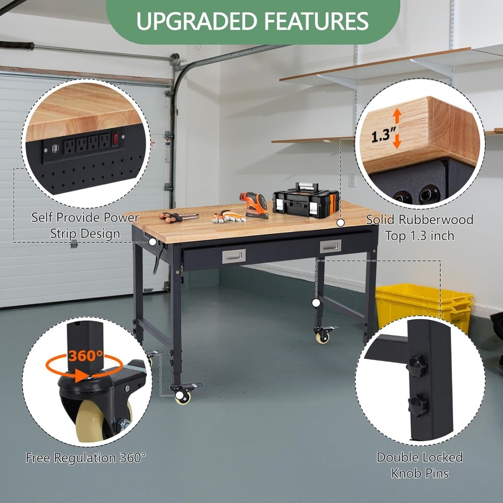 48x24"Adjustable Garage Workbench&Drawer,2000LB,USB Port,WorkstationMobile Table