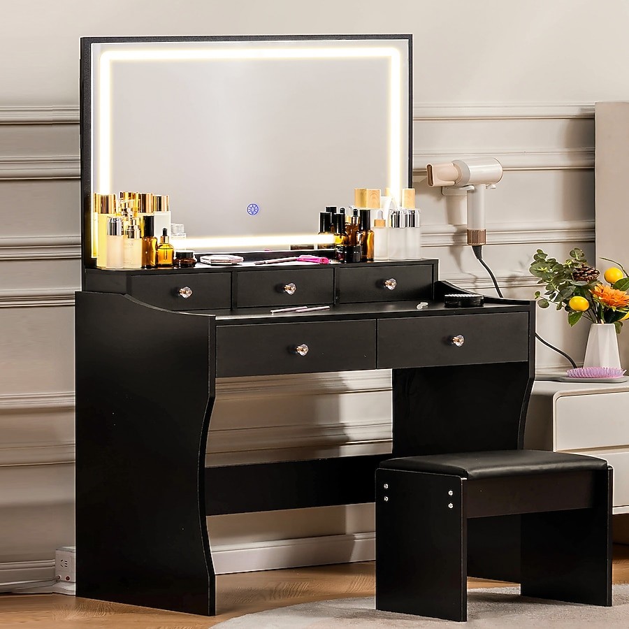 GTPLAYER Makeup Vanity Desk with Mirror and Lights Vanity Table and Chair Set
