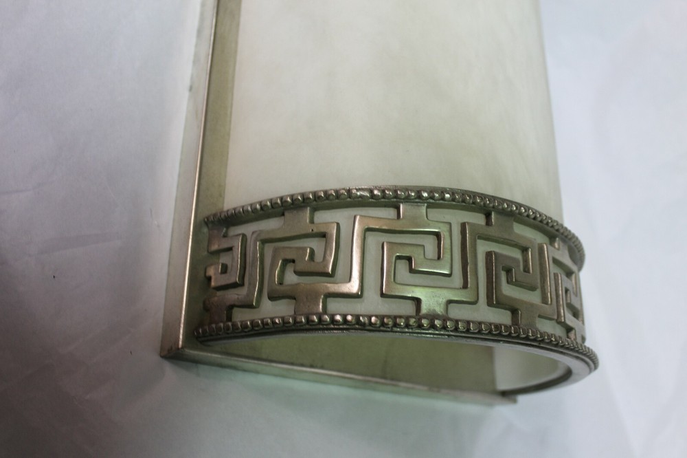 Art Deco Sconces ,Large Size , Real Alabaster , Silvered Bronze frames the Pair