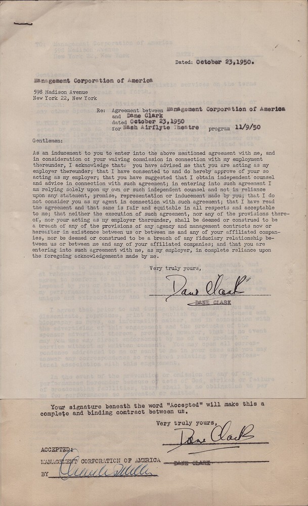 DANE CLARK - CONTRACT SIGNED 10/23/1950