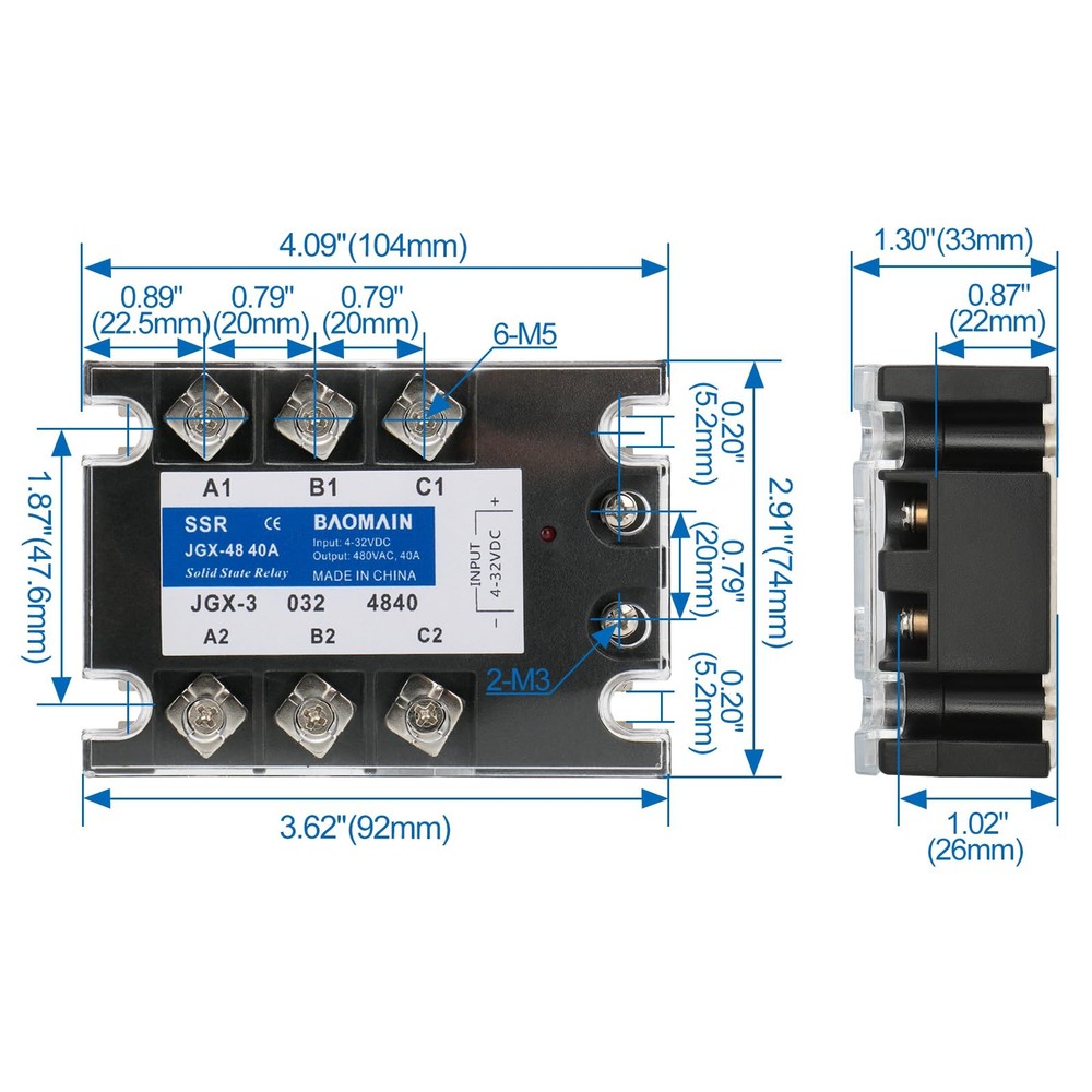 JGX-3340A 3 Phase Solid State Relay 4-32 VDC Input 480VAC 40 Amp Output