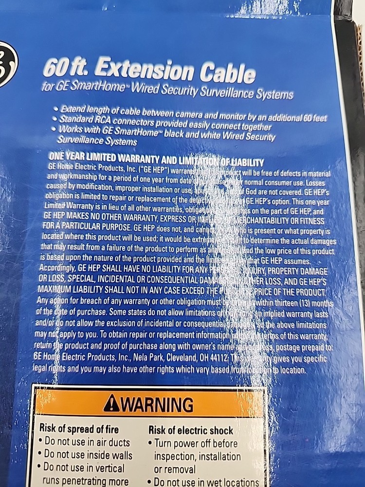 GE 60 FT RCA Extension Cable SmartHome Wired Security Surveillance Systems Pkg