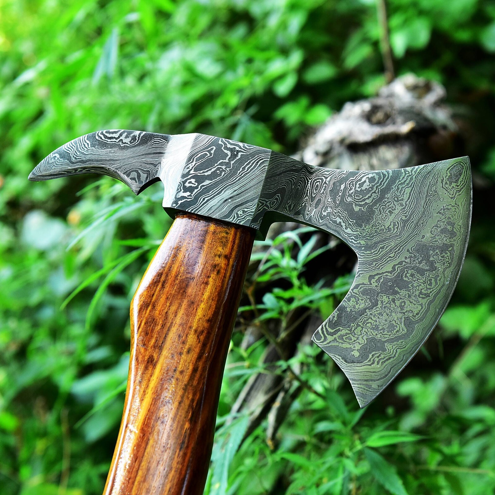 CUSTOM HAND FORGED DAMASCUS STEEL VIKING BEARDED CAMPING HATCHET TOMAHAWK AXE