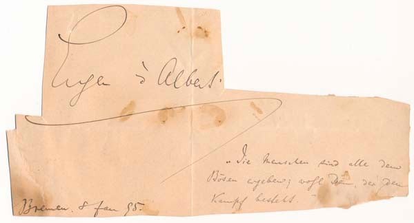 Eugen dí ALBERT / Autograph Quotation Signed