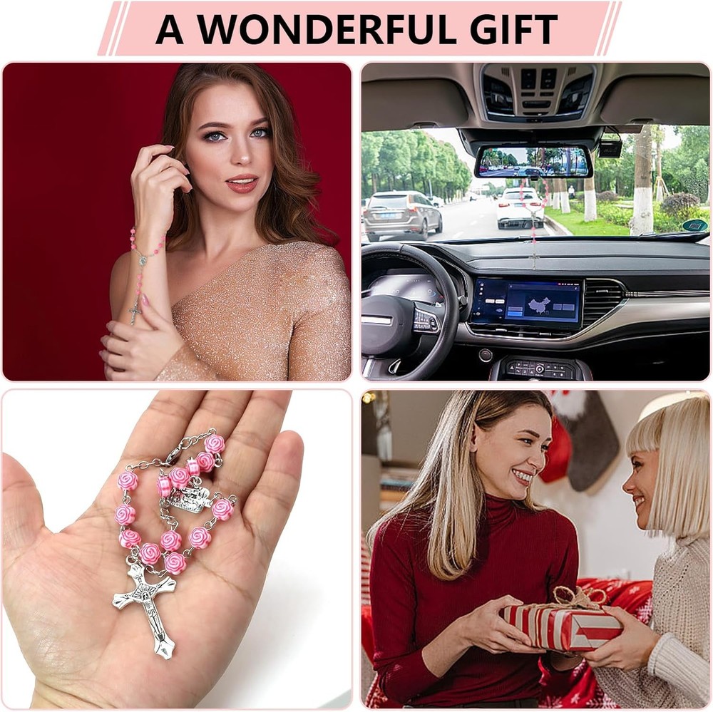 Car Rosary for Rearview Mirror, 2PCS Personalized Rear View Cross Blessing Beads