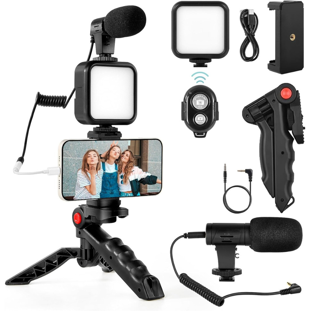 Smartphone Vlogging Kit for iPhone/Android w/ Light+Microphone+Tripod+Holder