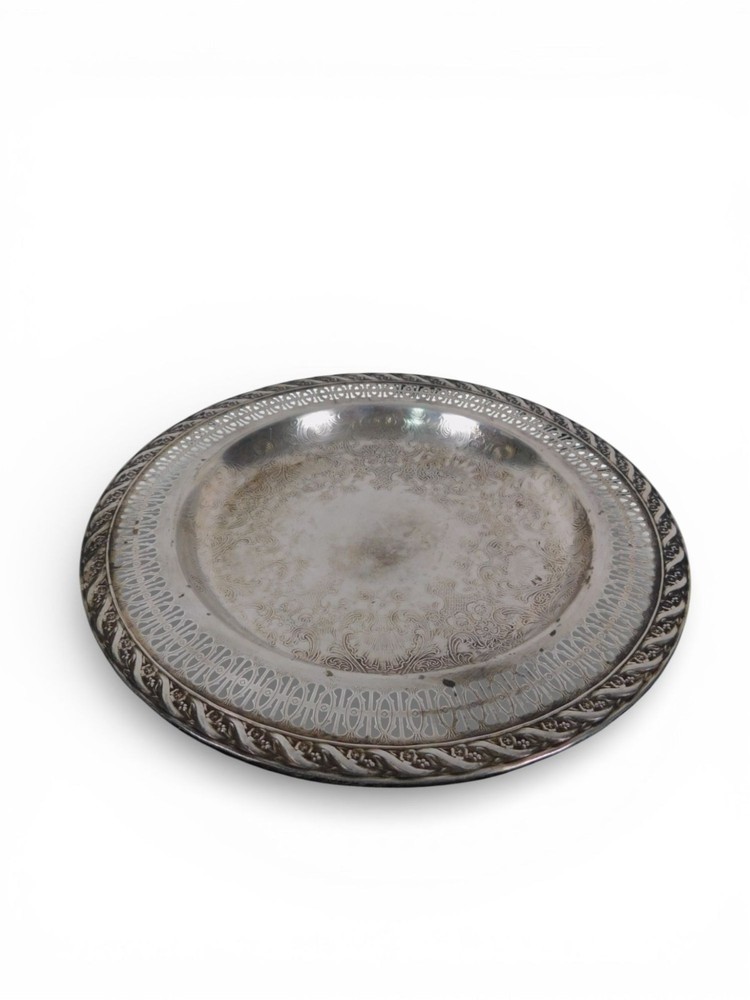 Vintage Silverplate Round Serving Platter Pierced Gallery Rope Edge