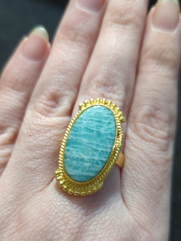Gold Tone Blue Green Amazonite Gemstone Oval Statement Ring - Size 9