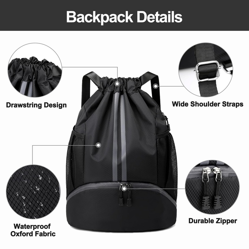 Hoedia Sports Drawstring Backpack - String Swim Gym Bag with Large, Black