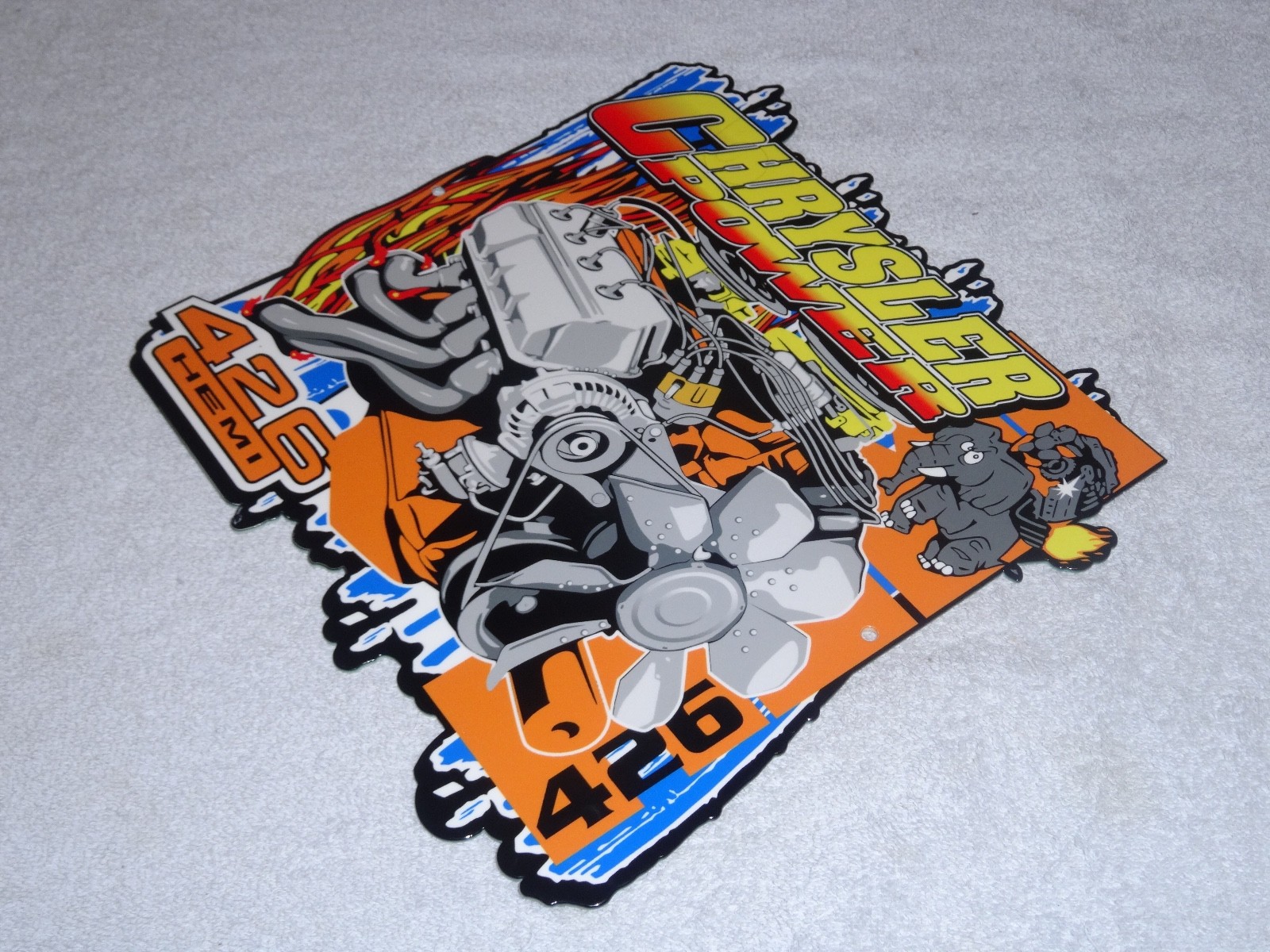 VINTAGE "CHRYSLER POWER 426 HEMI MOTOR ELEPHANT" 11 3/4" METAL GASOLINE OIL SIGN