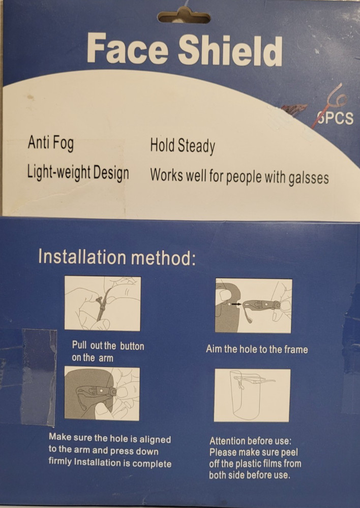 6 Pack All-Round Protective Face Shield, NEW