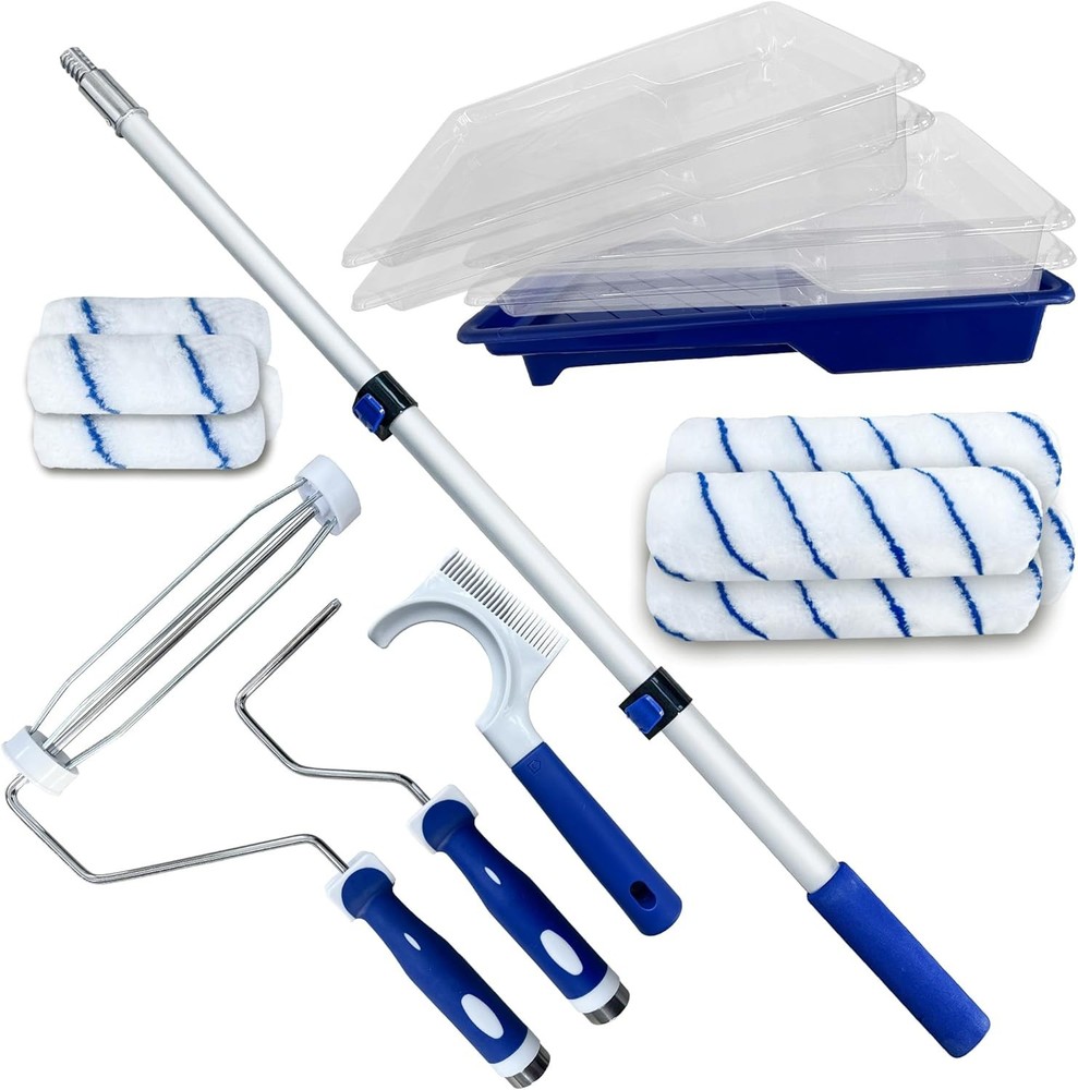Paint Roller Kit 16PCS, 9&4 Inch Paint Roller with Adjustable 2-4FT Stainless St