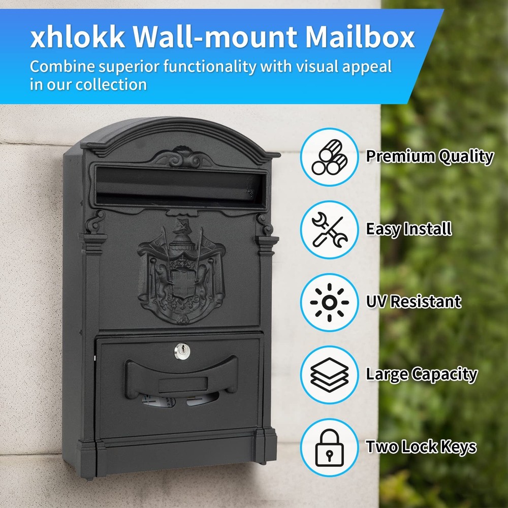 xhlokk Wall Mount Mailboxes, Rust Resistant Locking Mailbox for Black