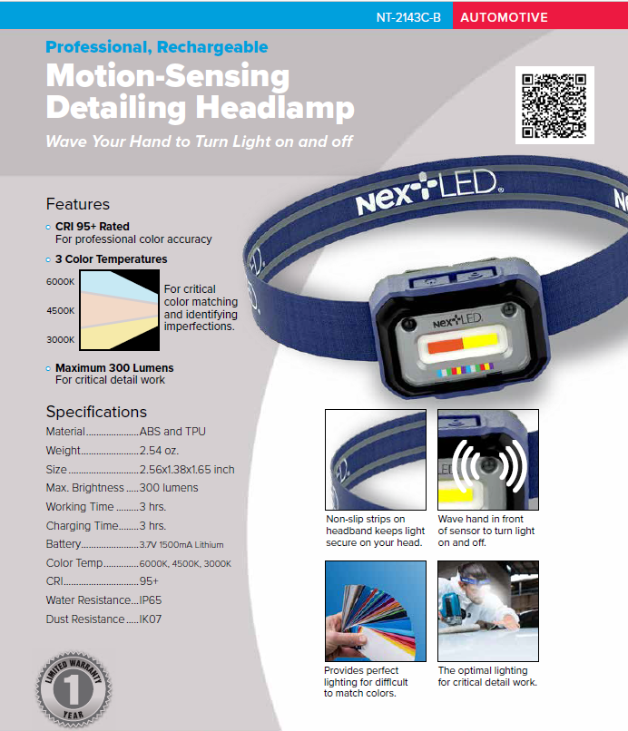 NextLED NT-2143C-B Rechargeable Auto Detailing Headlamp with Motion Sensor