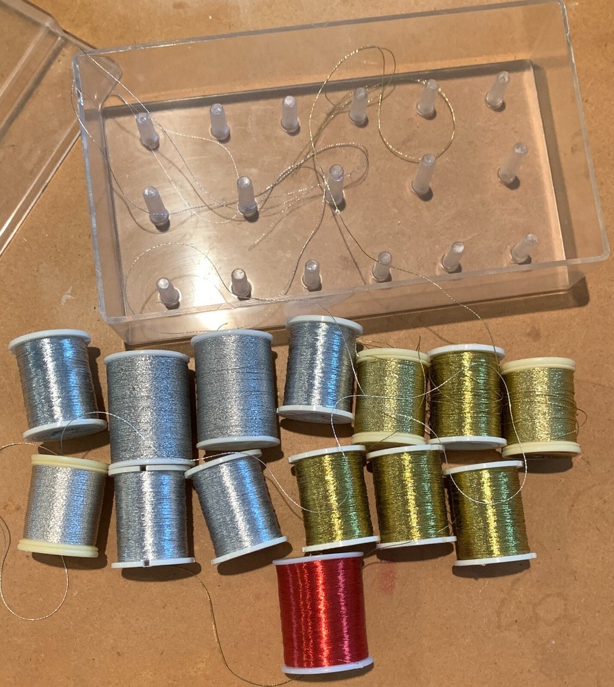14 Spools Metallic Thread-Gold, Silver & 1 Red Plus Plastic Thread Storage Box