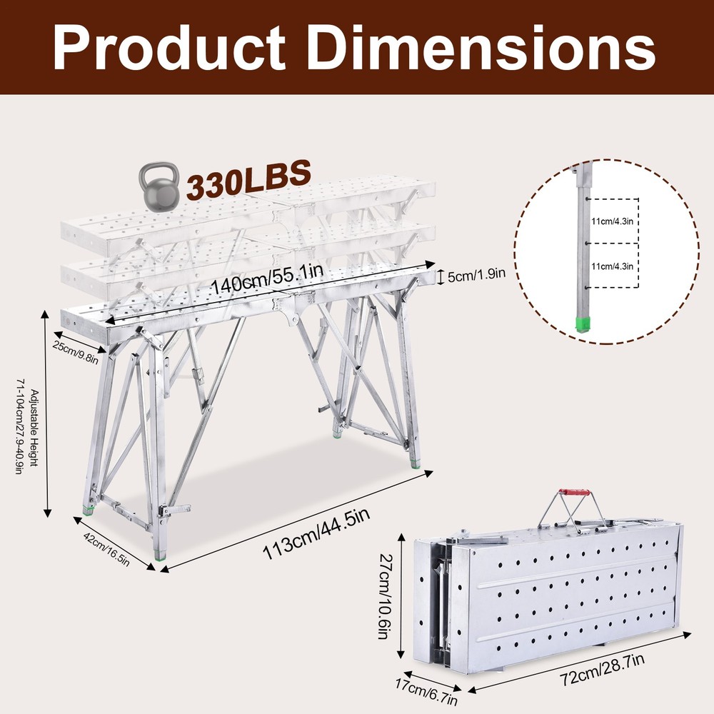 Work Platform Adjustable Height Portable Scaffolding Platform 330 Lb Load US