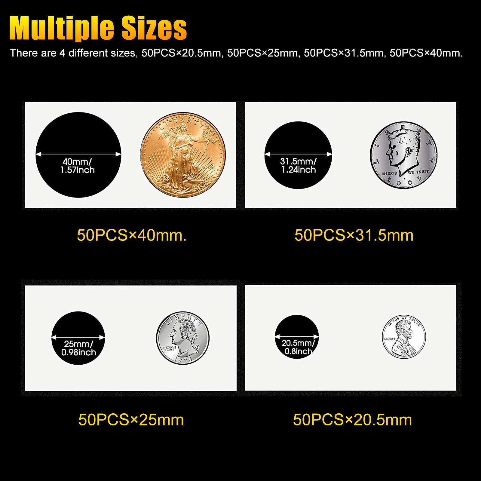 200PCS/Set Assorted Coin Holders 2X2 Cardboard Mylar Flips Include 4 Sizes