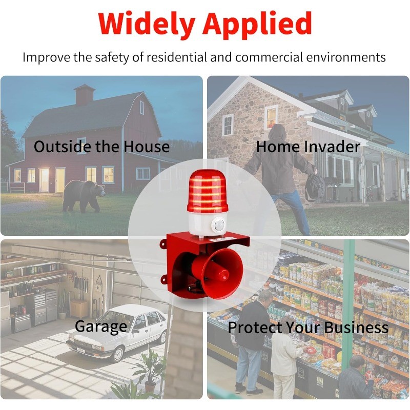 Motion Sensor Alarm with Human Detection,120dB Adjustable Siren & LED Strobe