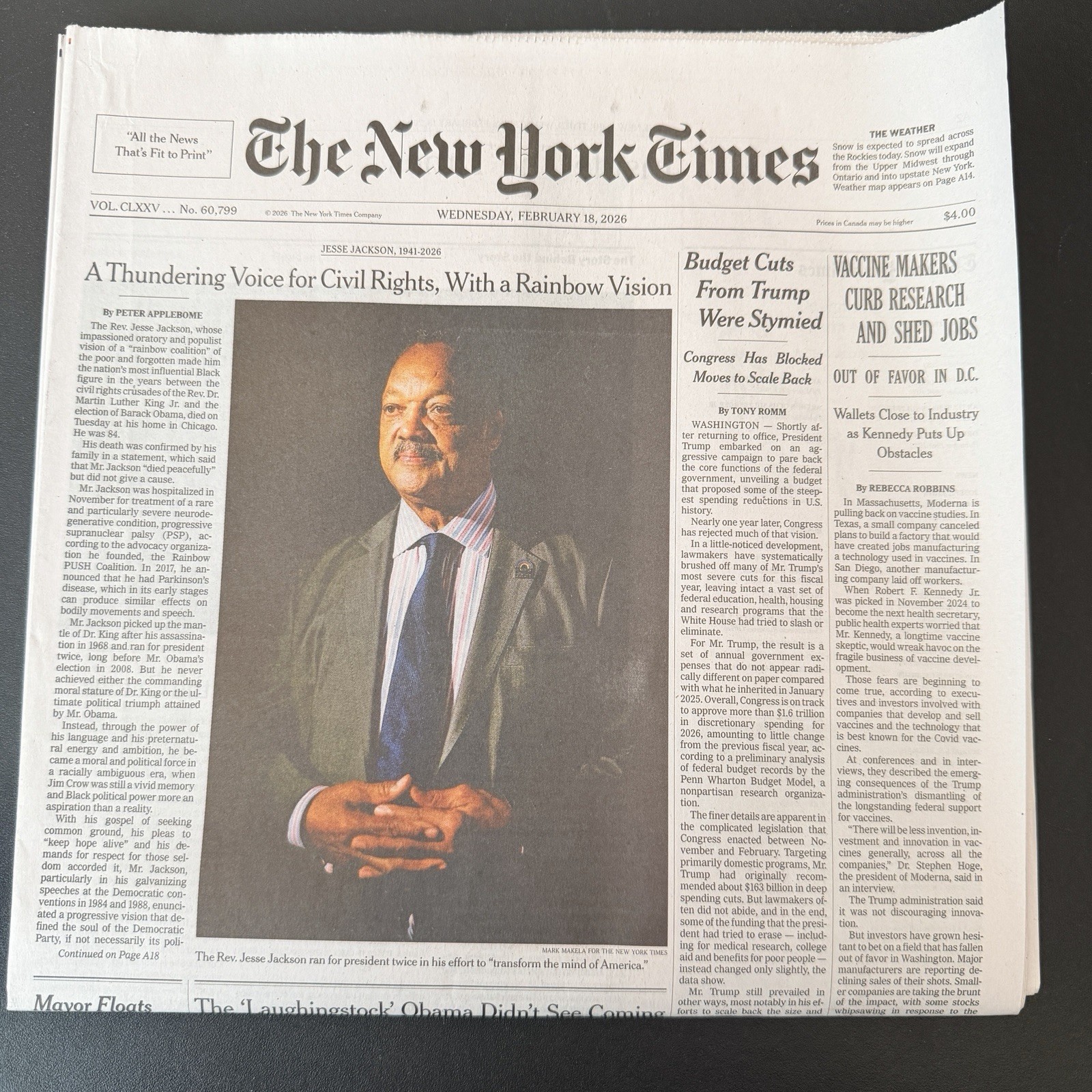 The New York Times Newspaper February 18 2026 Jesse Jackson 1941-2026 Complete