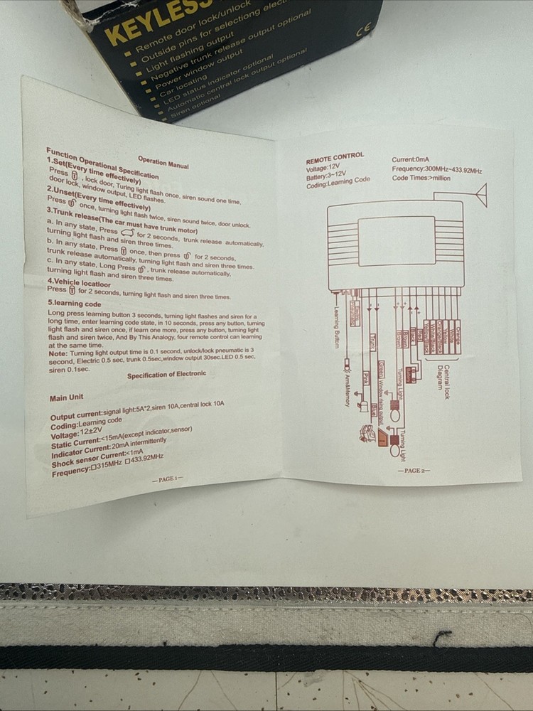 Keyless Entry System, With Remote, Open Box, Unused