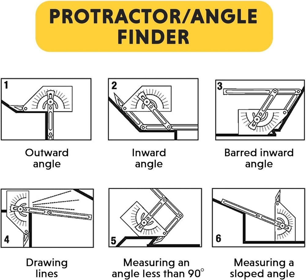 Compact Hand-Powered Protractor for Sloped, Inside & Outside Angles - Yellow