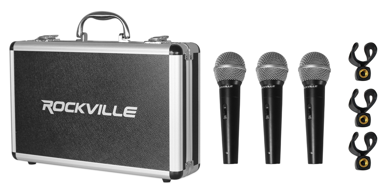 Rockville RMC-3PK 3 Pack Metal Wired Vocal/Instrument/DJ Microphones+Metal Case