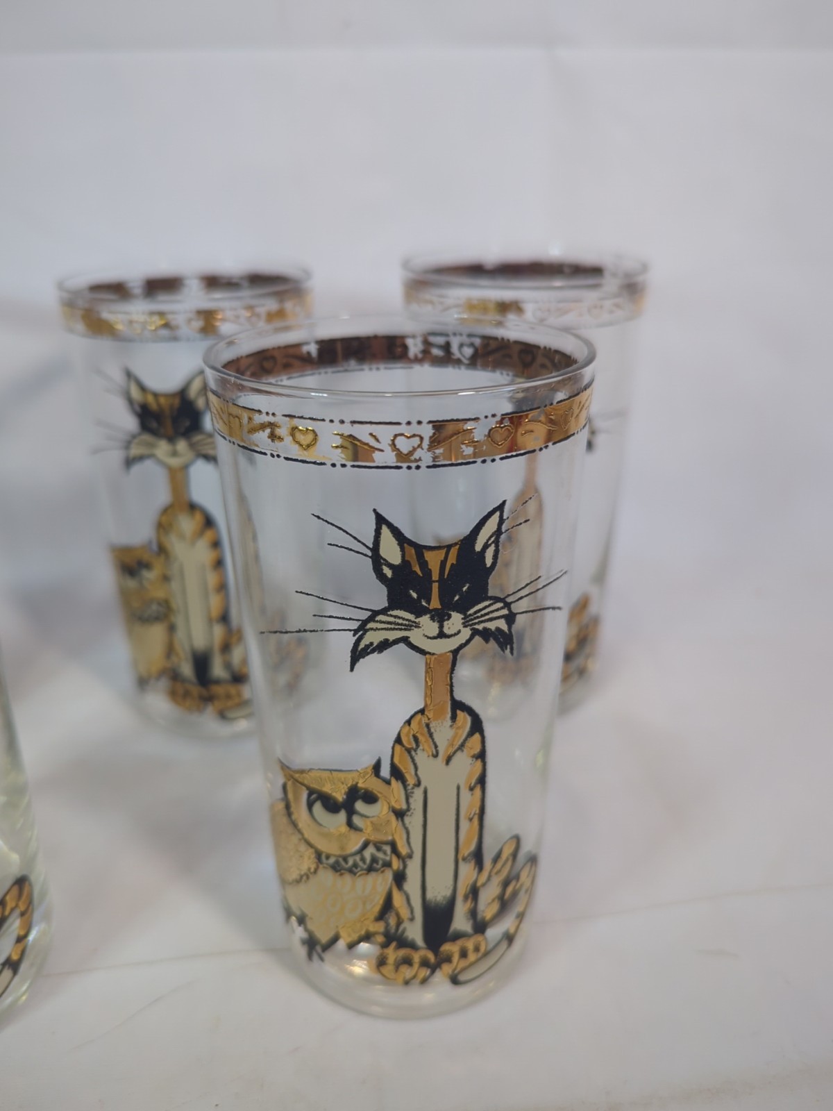 Vintage Culver 22K MCM Mid-Century Modern cat and Owl High ball glass set of 8