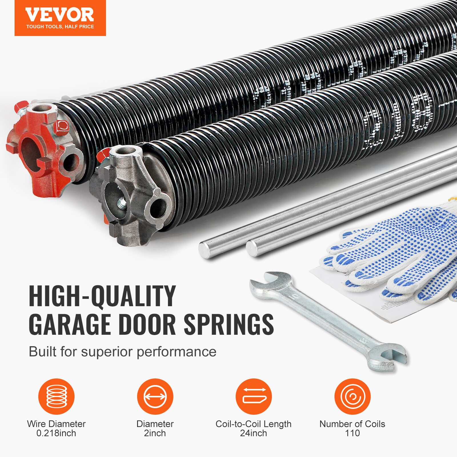 VEVOR Garage Door Torsion Springs Pair of 0.218 x 2 x 24inch with Winding Bars