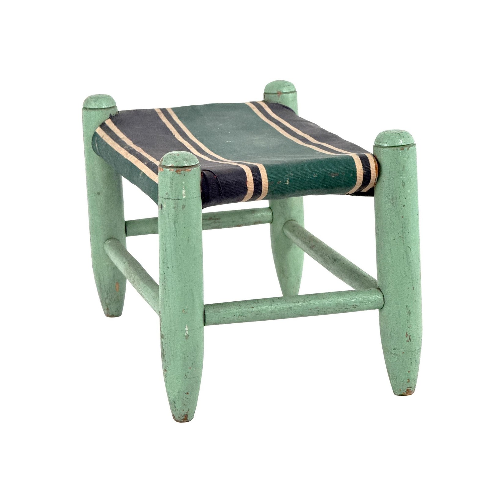 Vtg 30s Turquoise Green Painted Wooden Stool Striped Straw Stuffed Oilcloth Seat