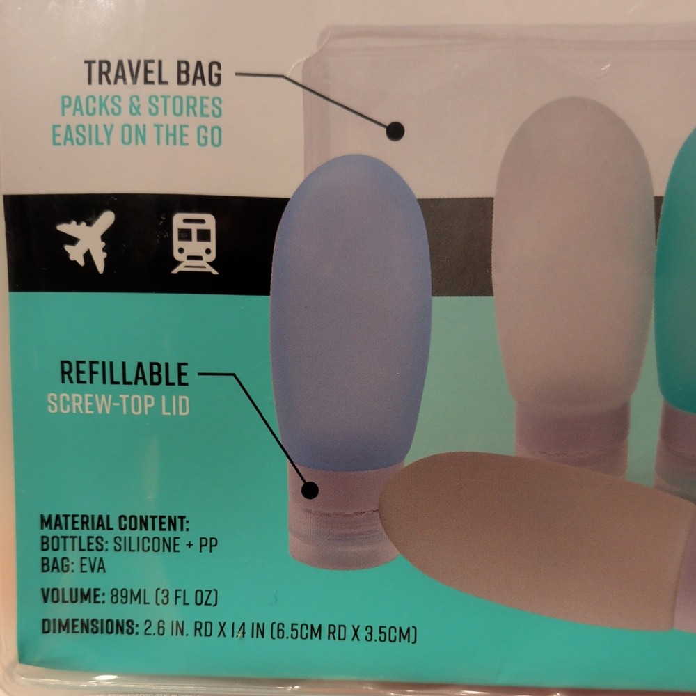 4 pc Silicone 3 Oz Travel Bottles, Refillable, Squeezable TSA approved w/bag